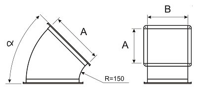 Отвод 45° для прямоугольной вентиляции.